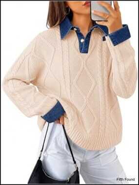 Womens Cable Knit Sweater Denim Polo Pullover V-Neck Oversized